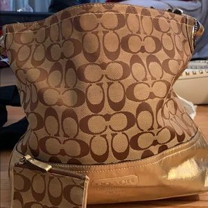Authentic Coach Gold Leather Trimmed Monogram Bag